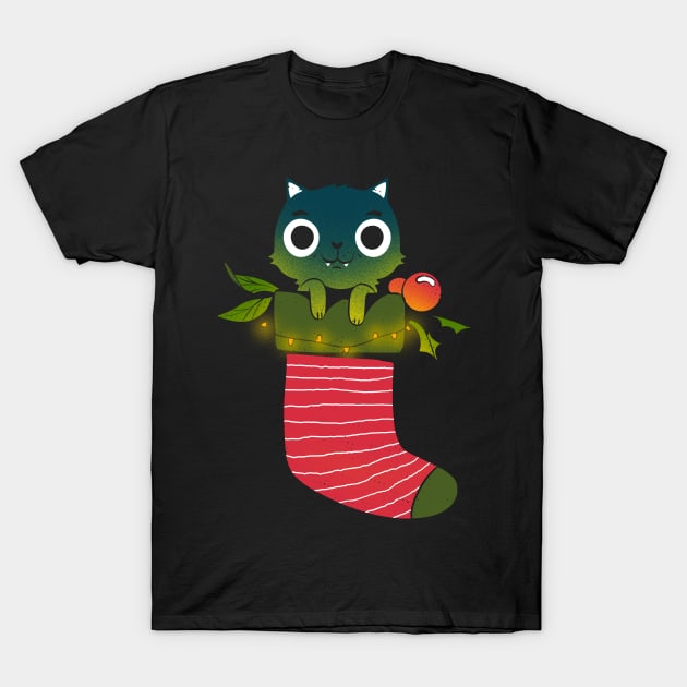 Black cat in a christmas stocking T-Shirt by BOO